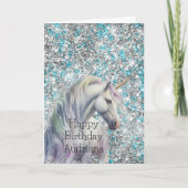 Aqua Silver Unicorn Glitter Sparkle Verjaardag Kaart (Voorkant)