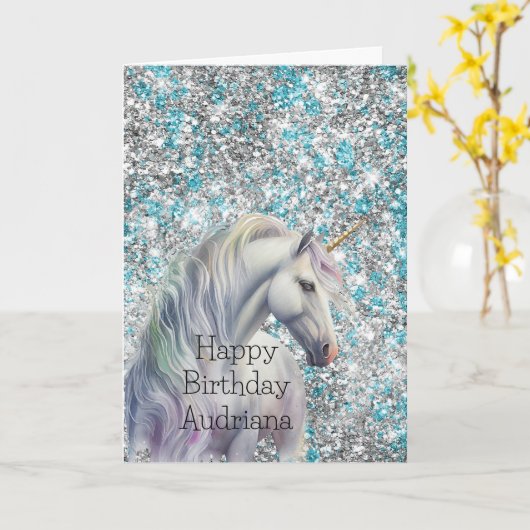 Aqua Silver Unicorn Glitter Sparkle Verjaardag Kaart (Gele Bloem)