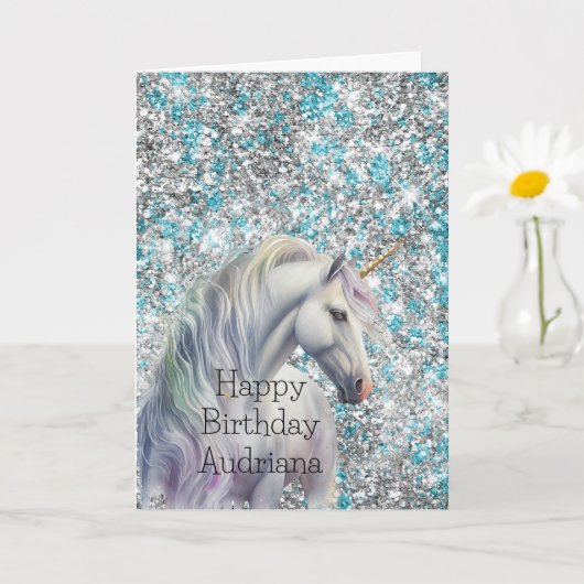 Aqua Silver Unicorn Glitter Sparkle Verjaardag Kaart (Kleine Plant)