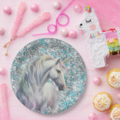 Aqua Silver Unicorn Glitter Sparkle Verjaardag Papieren Bordje (Feest)