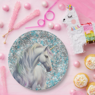Aqua Silver Unicorn Glitter Sparkle Verjaardag Papieren Bordje