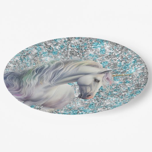 Aqua Silver Unicorn Glitter Sparkle Verjaardag Papieren Bordje (Gekanteld)