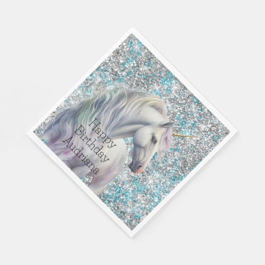 Aqua Silver Unicorn Glitter Sparkle Verjaardag Servet (Hoek)