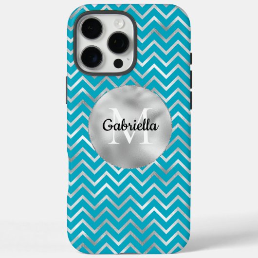 Aqua Silver Zigzag Stripes Monogram Case-Mate iPhone Case (Achterkant)