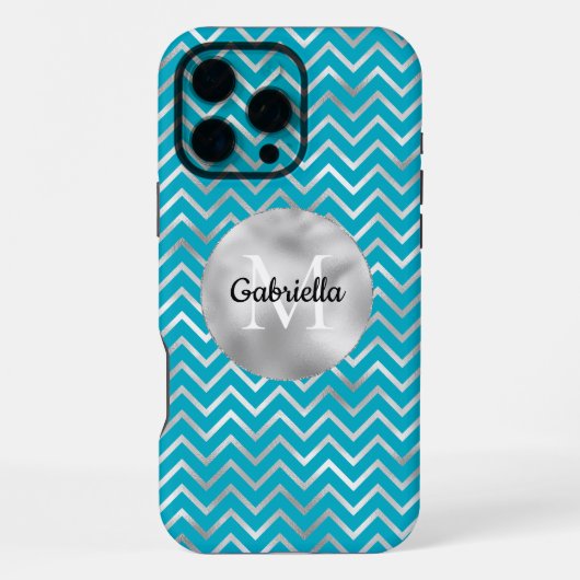 Aqua Silver Zigzag Stripes Monogram iPhone Hoesje (Achterkant)