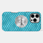 Aqua Silver Zigzag Stripes Monogram iPhone Hoesje (Achterkant horizontaal)