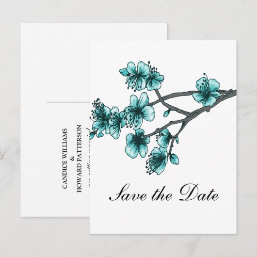 Aqua Simple Cherry Blossom Save the Date Aankondigingskaart (Voorkant / Achterkant)