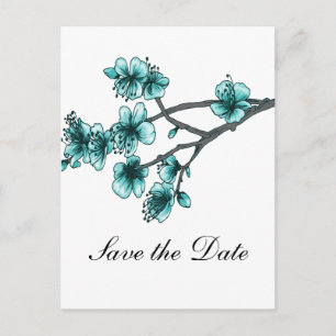 Aqua Simple Cherry Blossom Save the Date Aankondigingskaart