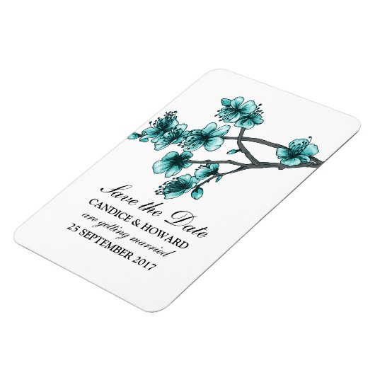 Aqua Simple Cherry Blossom Save the Date Magneet (Linkerzijde)