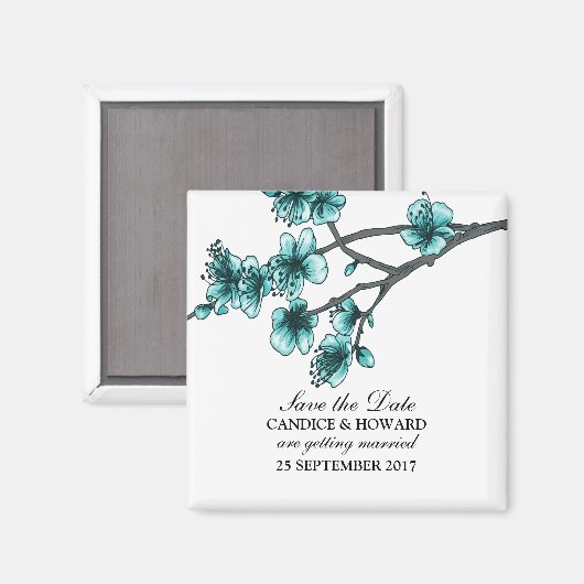 Aqua Simple Cherry Blossom Save the Date Magnet (Voorkant / Achterkant)