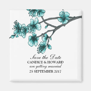 Aqua Simple Cherry Blossom Save the Date Magnet