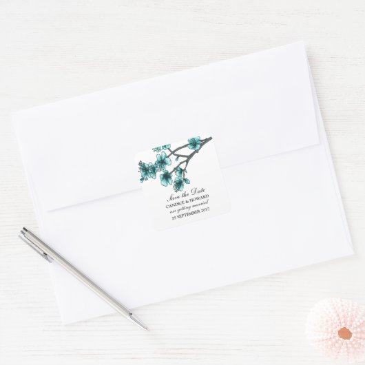 Aqua Simple Cherry Blossom Save the Date Vierkante Sticker (Envelop)