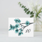 Aqua Simple Cherry Blossom Table Number Briefkaart (Staand voorkant)