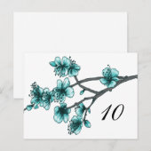 Aqua Simple Cherry Blossom Table Number Briefkaart (Voorkant / Achterkant)