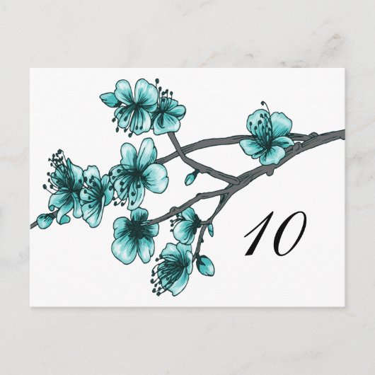 Aqua Simple Cherry Blossom Table Number Briefkaart (Voorkant)