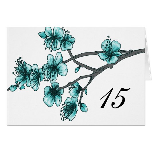 Aqua Simple Cherry Blossom Table Number Kaart (Voorkant Horizontaal)