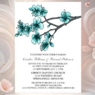 Aqua Simple Cherry Blossom Wedding Invite Kaart