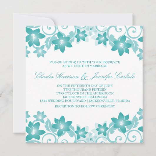 Aqua Simple Floral Wedding Invite Kaart (Voorkant)