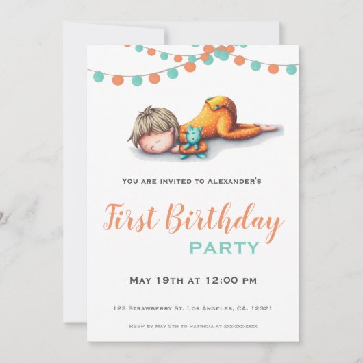 Aqua Sinaasappel Sleeping Boy Garland Eerste Verja Kaart (Voorkant)