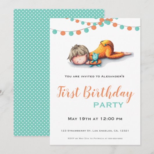 Aqua Sinaasappel Sleeping Boy Garland Eerste Verja Kaart (Voorkant / Achterkant)