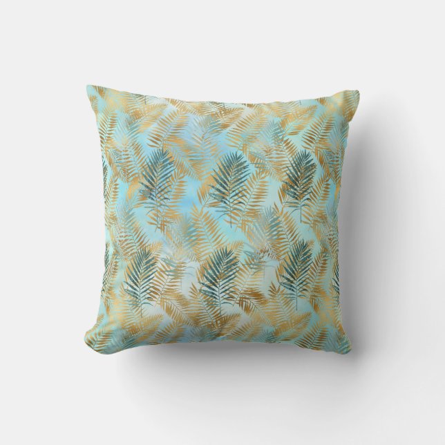 Aqua Sky Green Gold Tropical Leaves       Kussen (Voorkant)