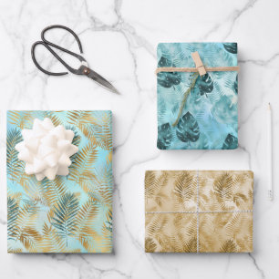 Aqua Sky Groen Goud Tropische bladeren Inpakpapier Vel