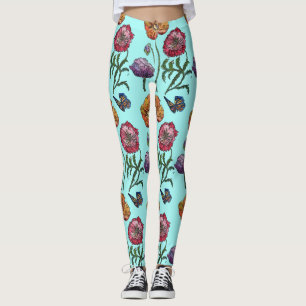 Aqua Small Poppy Floral Waterverf Leggings