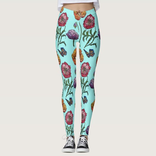Aqua Small Poppy Floral Waterverf Leggings (Voorkant)