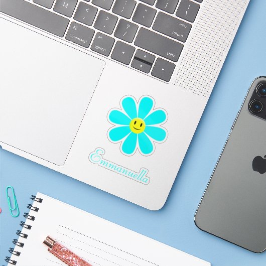 Aqua Smiling Daisy gepersonaliseerd Sticker (Laptop met iPhone)