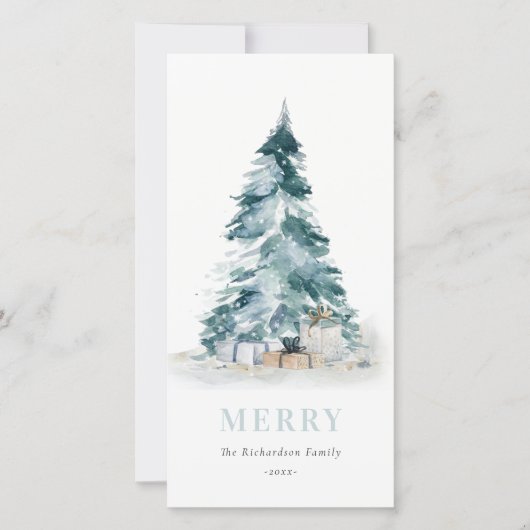 Aqua Sneeuw Waterverf Pijnboom Kerstboom Cadeaus Feestdagenkaart (Voorkant)