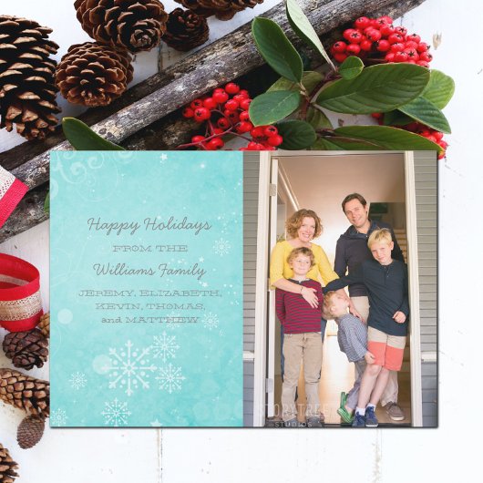 Aqua Snowflake Swirls Holiday Photo Flat Kaart