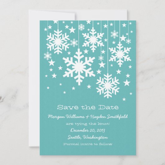 Aqua Snowflakes en sterren Save the Date Invite (Voorkant)