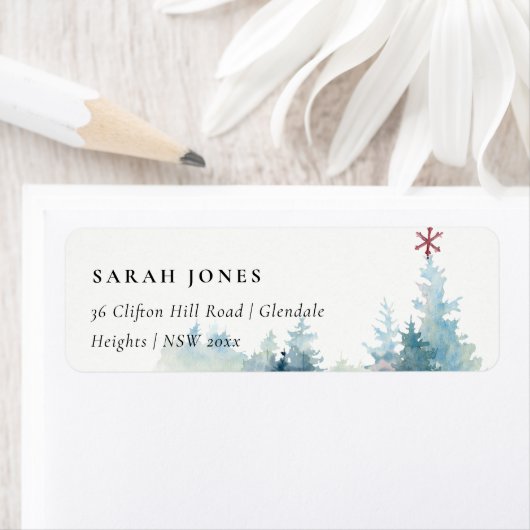 AQUA SNOWY FOREST PINE TREE CHRISTMAS STAR ADRES ETIKET (Insitu)