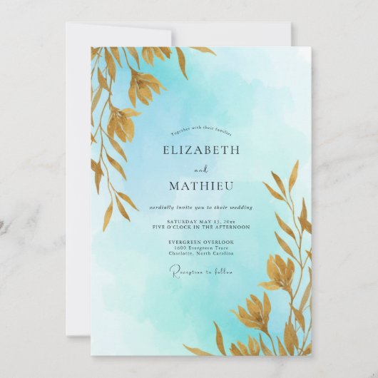 Aqua Soft Gouden Blad Bruiloft Kaart (Voorkant)