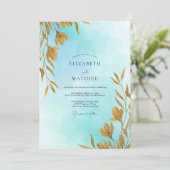 Aqua Soft Gouden Blad Bruiloft Kaart (Staand voorkant)