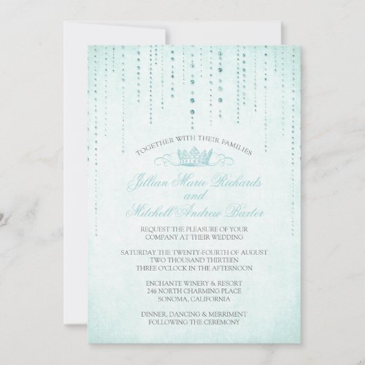 Aqua Sparkles & Crown Fairytale Wedding Invitation Kaart (Voorkant)
