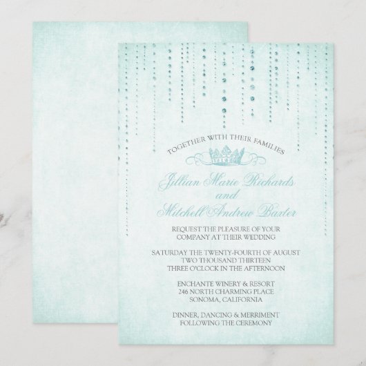Aqua Sparkles & Crown Fairytale Wedding Invitation Kaart (Voorkant / Achterkant)