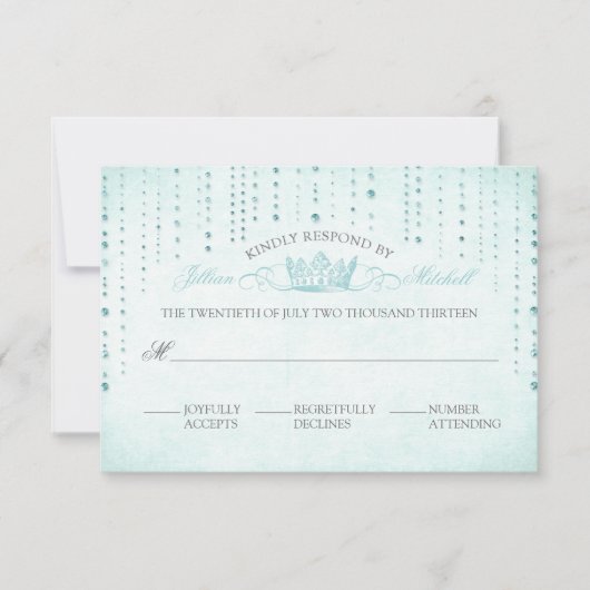 Aqua Sparkles & Crown Fairytale Wedding RSVP Card (Voorkant)
