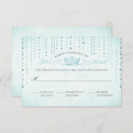Aqua Sparkles & Crown Fairytale Wedding RSVP Card (Voorkant / Achterkant)