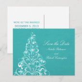 Aqua Sparkly Holiday Tree Save the Date Briefkaart (Voorkant / Achterkant)