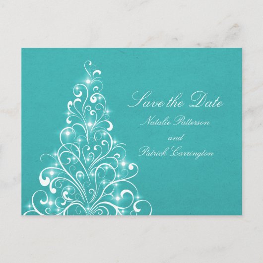 Aqua Sparkly Holiday Tree Save the Date Briefkaart (Voorkant)