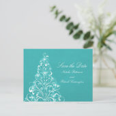 Aqua Sparkly Holiday Tree Save the Date Briefkaart (Staand voorkant)