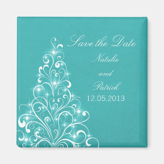 Aqua Sparkly Holiday Tree Save the Date Magnet (Voorkant)