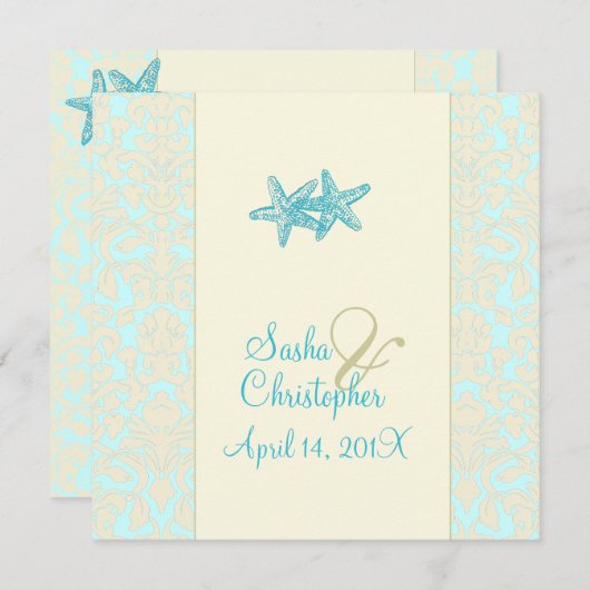 AQUA STARFISH+DAMASK WEDDING INVITATIONS KAART (Voorkant / Achterkant)