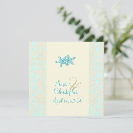 AQUA STARFISH+DAMASK WEDDING INVITATIONS KAART (Staand voorkant)