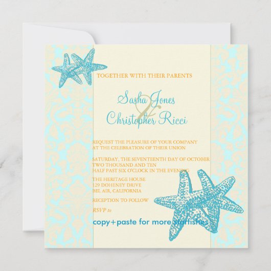AQUA STARFISH+DAMASK WEDDING INVITATIONS KAART (Achterkant)