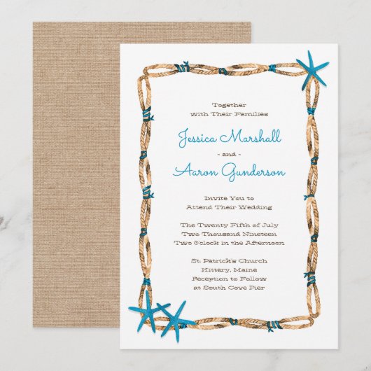 Aqua Starfish en Burlap Wedding Kaart (Voorkant / Achterkant)