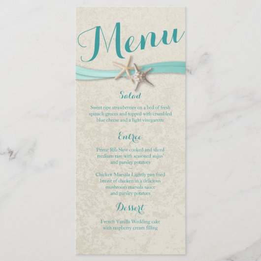 Aqua Starfish en Ribbon Beach Wedding Menu (Voorkant)