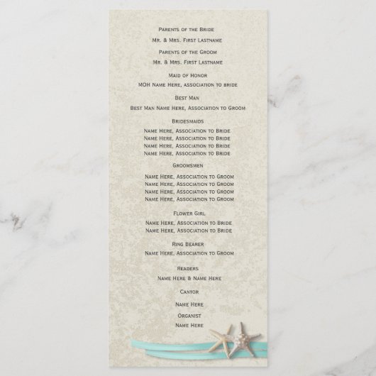 Aqua Starfish en Ribbon Beach Wedding Programma Programmakaart (Achterkant)