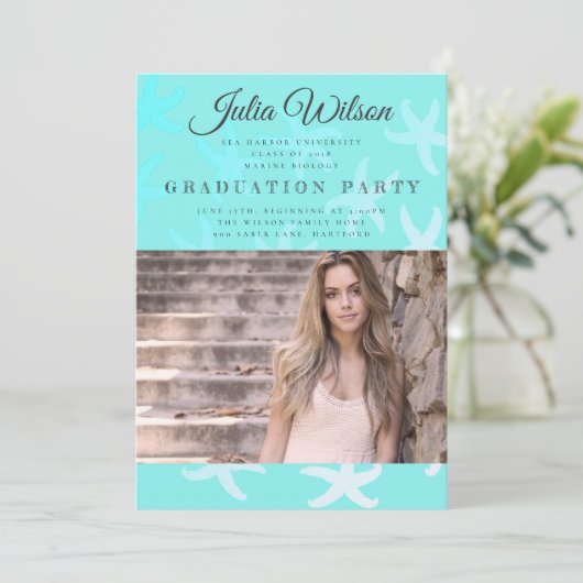 Aqua Starfish Fotogradustrie Uitnodiging (Staand voorkant)